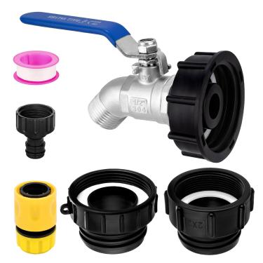 Imagem de 275-330 galões IBC Tote Tank Adapter, 3-Size IBC Tote Adapter, 6.2 cm Fine, 2 "Fino, e 5.1 cm Rosca Grossa + Aço Inoxidável 304 1/5.1 cm Entrada NPT × 3/10.2 cm Torneira de mangueira de jardim GHT