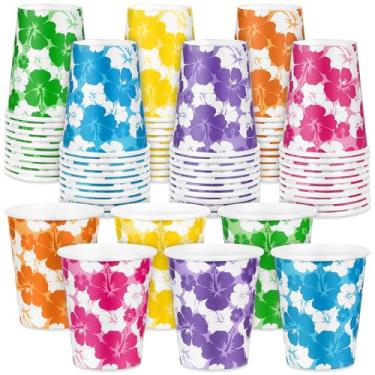 Imagem de Kochorie Pacote com 60 copos descartáveis de hibisco Havaí Luau Tropical Luau 255 g Tiki Summer Party Supplies Drinkware Hawaii Aloha Cups Decorações de festa Piscina Praia Suprimentos, 6 cores