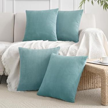 Imagem de JELLYMONI Conjunto de 4 capas de almofada de veludo, 50,8 x 50,8 cm, capas de almofada decorativas azuis geladas, fronhas quadradas macias para sofá, cama – sem enchimento incluído