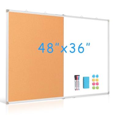 Imagem de DOLLAR BOSS Quadro branco dobrável de cortiça, quadro branco 121 x 91 cm, quadro branco magnético extra grande, apagável a seco, quadro de avisos portátil de alumínio dupla face, quadro de pinos de
