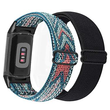 Imagem de Abanen Pacote com 2 faixas elásticas para Fitbit Charge 5, elástico de nylon macio bordado alça respirável com fecho ajustável para Fitbit Charge 5 Advanced Tracker (preto-azul rosa)