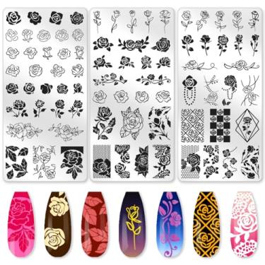Imagem de beinkmake Conjunto de 3 peças de placas de estampagem de unhas de rosas vintage modelos de carimbos de unhas florais elegantes ferramentas reutilizáveis de metal com raspador de carimbo para impressão