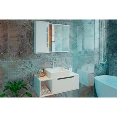 Imagem de Bancada de Banheiro Balcão Suspenso BN3644 e Balcão c/ Rodízios BN3643 80cm e Armário c/ Espelho BN3645 80cm Branco - Tecno Mobili