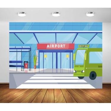 Imagem de BELECO Pano de fundo de tecido com desenho animado de 1,5 x 0,9 m para aeroporto, terminal de aeroporto, edifício de terminal urbano, tema de viagem, decoração de festa de aniversário