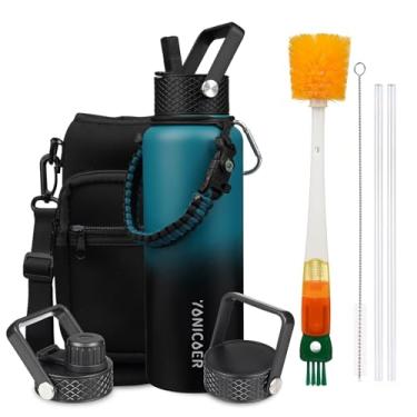 Imagem de YONICOER Garrafa de água isolada de 1,134 g, aço inoxidável a vácuo de parede tripla (pode ser lavada na lava-louças), à prova de vazamento e não BPA, jarro com alça de paracord e tampas de bico de