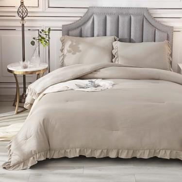 Imagem de Andency Conjunto de cama de 3 peças de edredom superKing Plus de trigo, com babados, cor lisa, super king size, macio, leve, alternativo para todas as estações, para adultos, homens e mulheres