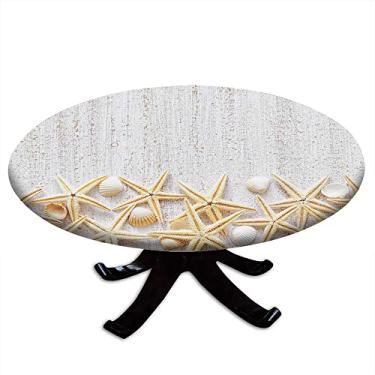 Imagem de Seashells Toalha de mesa redonda, concha do mar em padrão de madeira tropical lua de mel tema marinho clássico, borda elástica, impermeável e limpável, adequada para mesa de 142 cm, pérola branca