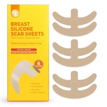Imagem de Folhas de silicone para cicatrizes de seios – pacote com 6, design de âncora para ajuste preciso, grau médico e fita reutilizável para cicatrizes cirúrgicas