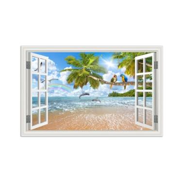 Imagem de Quadro de Parede Janela Falsa-Paisagens Impressões em Tela-Mar Praia Palm Árvore-Natureza Pinturas Decoração 30x50cm-12x19in Sem Moldura