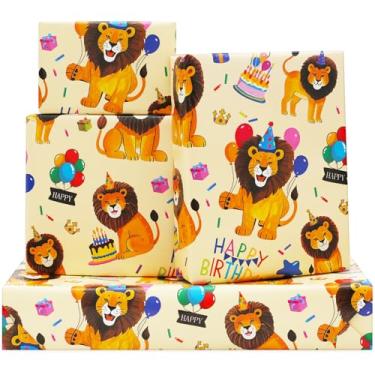 Imagem de DXRJMB Papel de embrulho de leão para meninos e crianças, 7 folhas de leão, safári na selva, bebê, leão, rei, com chapéu de aniversário e papel de embrulho de balão, plano de 50 x 71 cm por folha