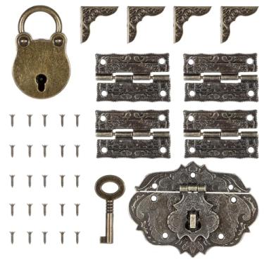 Imagem de Dobradiças para caixa de joias, trava gravada antiga e protetores de canto de caixa, kit de ferragens, fecho de ferrolho de latão com parafusos para decoração de mala de móveis de madeira DIY