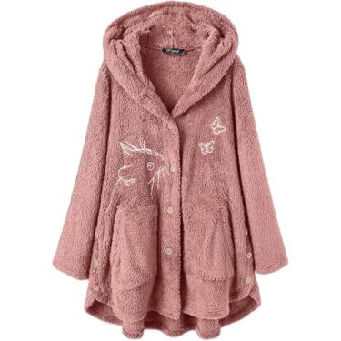 Imagem de Jaqueta Com Capuz De Lã Para Gatos Para Mulheres Bordada Com Borboleta E Botão De Gato Casual Fleece Jumper Inverno Casaco Fuzzy Fofo Com Bolsos Grandes, Pink, XL