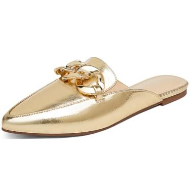 Imagem de Juliet Holy Mocassins femininos Mules Flats bico fino frente única sem cadarço de corrente de metal, Dourado, 38