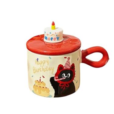 Imagem de Caneca de Porcelana Decorativa para Aniversário com Tampa de Miniatura de Bolo, Lembrancinha de Festa, Estampa de Gato Fofo, 360 ML, Presente Decoração de Escritório Mesa Cozinha (Vermelho)