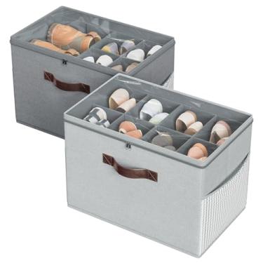 Imagem de Budding Joy Pacote com 2 organizadores de sapatos para armário, recipientes de armazenamento de sapatos dobráveis transparentes divisórias ajustáveis para 16 pares, cestas de armazenamento de sapatos