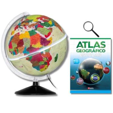 Imagem de Globo Terrestre Físico Histórico Luminoso 30cm + Atlas Geográfico + Lu