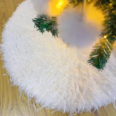Imagem de AtiMing Saia de árvore de Natal de pele sintética branca pequena de 61 cm com design de penas longas, luxuosa saia de árvore de Natal de pelúcia para decoração de férias, festa de inverno e decorações