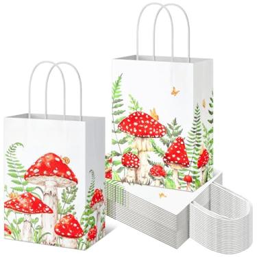 Imagem de Paterr 24 peças de sacos de presente de cogumelo, lembrancinhas de festa de fadas, sacos de papel com alças para festa temática de floresta de cogumelos, aniversário, chá de bebê, presentes de Natal