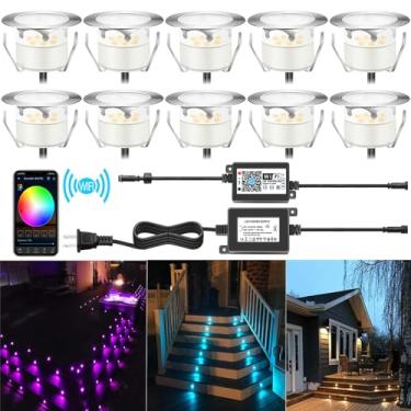 Imagem de QACA Kit de luzes de deck de LED inteligentes, controle Wi-Fi, cor mutável, Φ 3,8 cm, IP67, à prova d'água, luzes de degrau de baixa tensão, iluminação no solo, funciona com telefone Samrt, Alexa