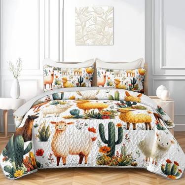 Imagem de QOOMO Conjunto de colcha infantil de alpaca fofo, tamanho casal queen, 3 peças, estampa de animais de lhama kawaii, conjunto de colcha de cama de fazenda leve de microfibra macia com 2 fronhas para