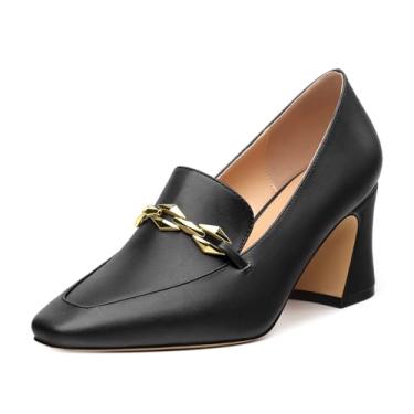 Imagem de Sapato feminino de salto alto grosso, bico quadrado, fechado, mocassins, vestido, festa, escritório, básico, clássico, 6,5 cm, Preto fosco, 36