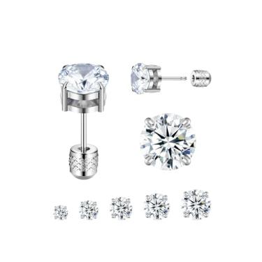 Imagem de DGhera Conjunto de 5 pares de brincos de pino plano e 3 pares de brincos de argola, zircônia cúbica hipoalergênica F136, joias de aço inoxidável para mulheres e homens, tamanho CZ 3-7 mm, 20 Gauge