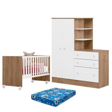 Imagem de Berço Nacional 3540 e Guarda Roupa com Cômoda 4070 Doce Sonho Carvalho Rústico TOQ Branco e Colchão Ortobom - Qmovi