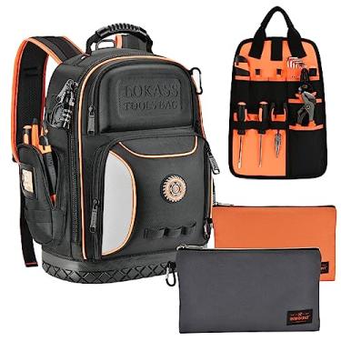 Imagem de Bolsa de ferramentas mochila com 2 bolsas de ferramentas de lona, 75 bolsos e laços, organizador de ferramentas resistentes/transportador de ferramentas HVAC para eletricista/trabalho de construção