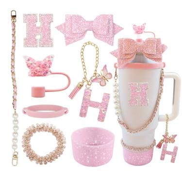 Imagem de Conjunto de acessórios de copo de 8 peças para copo Stanley de 30 e 1,332 g com alça, incluindo topo de palha, bota, alça de alça de garrafa de água, decoração de arco de palha, pulseiras, pingente de