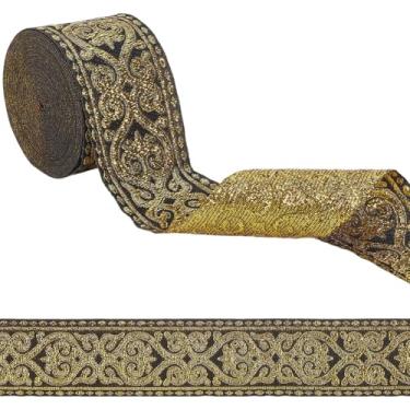 Imagem de GORGECRAFT Fita Jacquard Preta e Dourada 5 cm Metálica Floral Bordada Fita de Tecido Franja Poliéster Boho para Costura Artesanato Roupas Casa Cortina Travesseiro Decoração