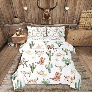 Imagem de Feelyou Conjunto de edredom asteca ocidental com lençol para crianças, meninos, meninas, cavalo em uma bolsa, Queen, tribal, caubói selvagem, crânio, cacto, 7 peças, macio, leve