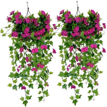 Imagem de Planta suspensa artificial, 2 peças, 99 cm, sedosa, glória da manhã, flores artificiais de videira artificial para decoração de parede de varanda e varanda roxo vermelho, cestas de flores