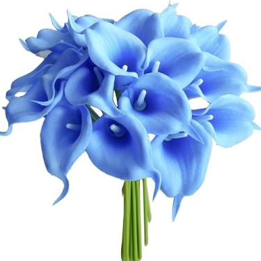 Imagem de Mandy's Flores artificiais de lírio de calla azul claro de poliuretano, 20 hastes, 34,3 cm, peça central realista falsa, faça você mesmo, buquê de noiva, decoração de casa