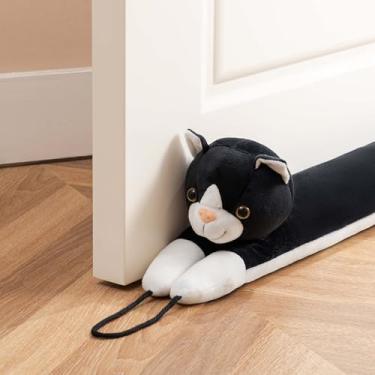 Imagem de habibee Tampa de corrente de porta de 96 cm para parte inferior da porta, evita ruído ou ar frio, bloqueador de corrente de ar fofo de gato preto para janela, decorativo à prova de som com laços para