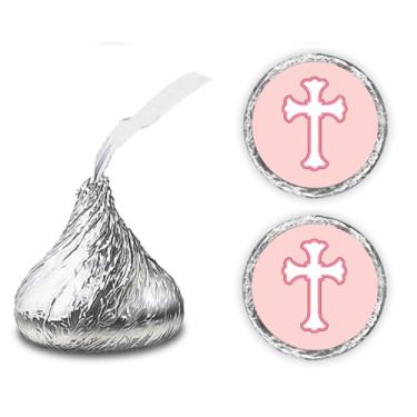 Imagem de 216 etiquetas de beijos de cruz rosa - cruz para batismo, decorações de batismo, comunhão ou chá de bebê, etiquetas de beijos (rosa) Feito nos EUA
