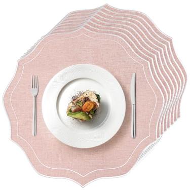 Imagem de Conjunto de 8 jogos americanos de linho de algodão, tapetes de mesa redondos de pano recortado de 38 x 38 cm, lavável na máquina, tapetes de tecido resistente a vincos para decoração de mesa de