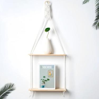 Imagem de Prateleiras flutuantes de macramê para decoração de parede Boho - Prateleiras de parede de madeira sem perfuração com ganchos adesivos e design de 2 camadas - Prateleira de armazenamento decorativa