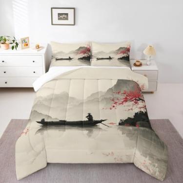 Imagem de jejeloiu Conjunto de edredom infantil com flores de cerejeira vermelha, tamanho queen, barco, lago, montanha, tinta chinesa, pintura de paisagem, edredom para quarto de crianças, meninos, meninas