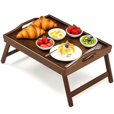 Imagem de Bandeja de café da manhã de bambu com pernas dobráveis para sofá de mesa de cama - Bandeja de alimentação e laptop de bambu com pernas dobráveis (nogueira)