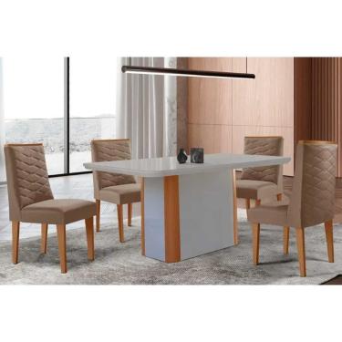 Imagem de Conjunto Sala de Jantar Pietá c/ Tampo Madeirado c/ Vidro Canto Curvo 120x80cm e 4 Cadeiras Dafne Madeira Maciça Naturale/Off White - Capuccino/Suede 