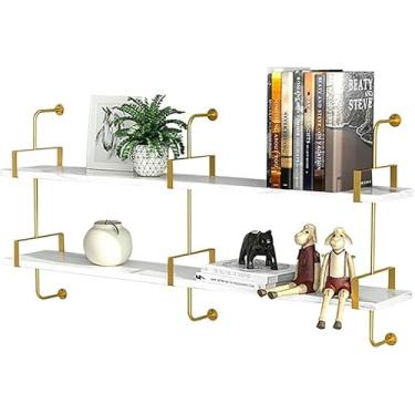 Imagem de Prateleira De Parede, Prateleira Divisória Escandinava De Uma Peça, Camada De Madeira Maciça Imitando Textura De Mármore Suporte De Ferro Dourado, Estante Montada Na, Single Layer, 150cm