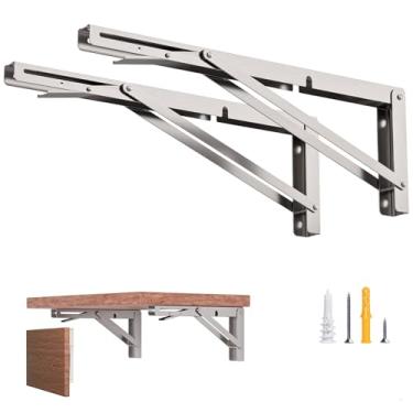 Imagem de LuckIn Suporte de prateleira dobrável resistente de 20 cm, suporte dobrável de aço inoxidável para montagem na parede da mesa dobrável e RV, dobradiças de bloqueio resistente, suporte em L, pacote com 2, prata