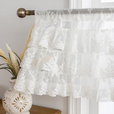 Imagem de Saia com babados para janelas 1 painel L 132 x C 45 cm Cottagecore floral vintage transparente saia de renda para janela de cozinha sobre pia, bolso de varão, privacidade banheiro cortina curta com