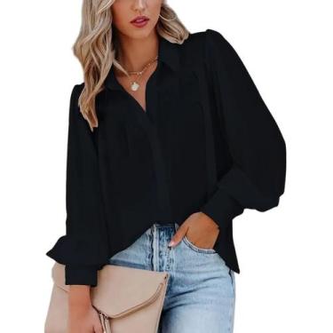 Imagem de Blusa feminina Zeagoo com botões preta de manga comprida com decote em