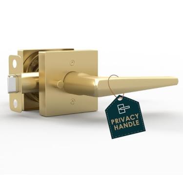 Imagem de Maçaneta de privacidade – Maçaneta quadrada de perfil baixo com trava de botão para portas interiores e exteriores – Maçanetas para portas de mão esquerda ou direita (latão acetinado)