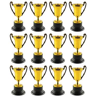 Imagem de JCBIZ 12 troféus de plástico mini troféu de ouro de 85 mm com base destacável para torneios esportivos, competições