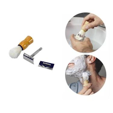 Imagem de Kit Pincel Aparelho Barbear Forte Profissional Com Lâmina