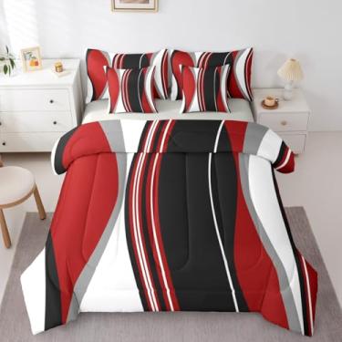 Imagem de Erosebridal Conjunto de cama com 7 peças, listrado, vermelho e preto, moderno, abstrato, para adultos, mulheres, homens, listras, geométricas, conjunto de edredom boêmio, arte contemporânea