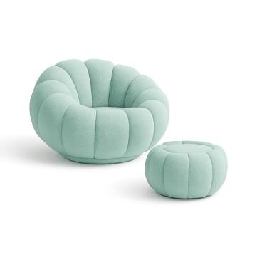 Imagem de Kit Poltrona Decorativa Concha C/Almofada e Puff Boucle Abobora Organica - Montanaria Decor (AZUL TURQUESA)