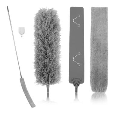 Imagem de Espanadores para limpeza, 5 peças de limpador de microfibra reutilizável com haste de extensão, espanador de teia de aranha extensível lavável dobrável de até 210 cm para limpeza de ventiladores de